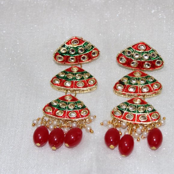 Red Green Kundan Fancy Light Weight Earrings - Picture 3 of 3